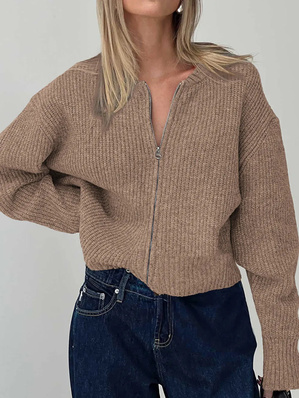 Cathryn - Casual ribbed knitted zip-up long sleeve cardigan – Owen