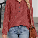 Jenise - Casual ribbed knit button detail hooded sweatshirt