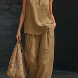 Dianna - Elegant V-neck sleeveless loose top and pants set
