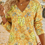 Rosaly - Stylish v-neck bohemian print long-sleeved blouse