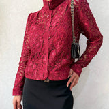 Adelia - Elegant lace floral stand-up collar long sleeve blouse