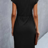 Women's Elegant Midi Dress | Ruched Waist, Short Sleeve