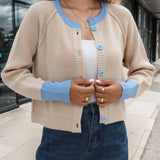 Eleanora - Contrast button-up long sleeve cropped cardigan
