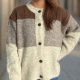 Ysabella - Casual color block warm round neck button-up cardigan