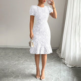 Veyana - Floral jacquard short puff sleeve ruffle hem bodycon dress