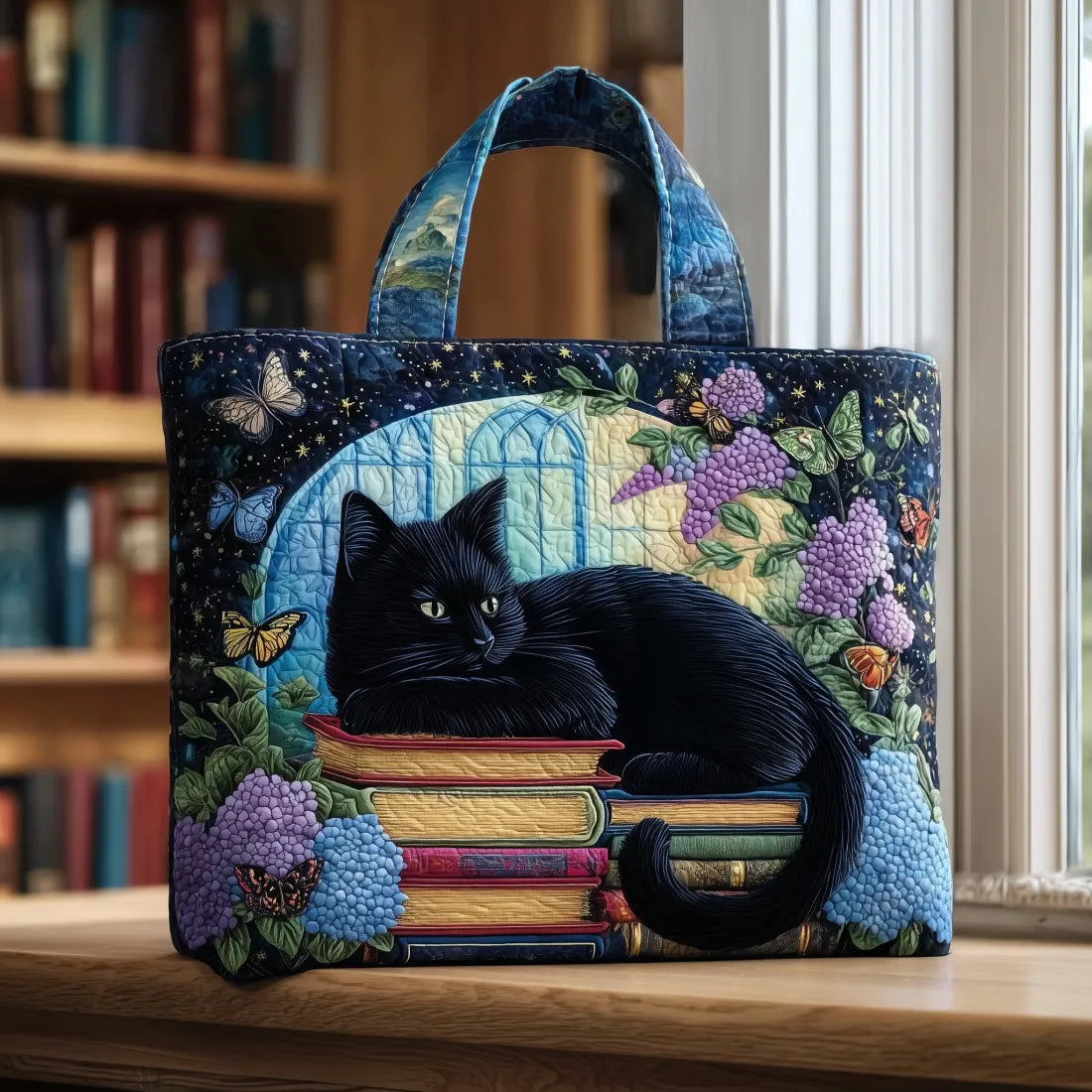 Black Cat on Books Handmade Quilted Tote Bag