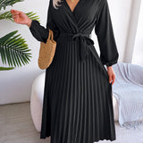 Jenna - Elegant long sleeve pleated tie waist maxi dress