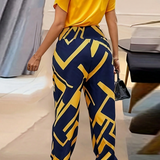 Women’s Co Ord Set | V-Neck, Geometric Print Trousers