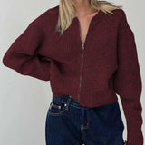 Cathryn - Casual ribbed knitted zip-up long sleeve cardigan