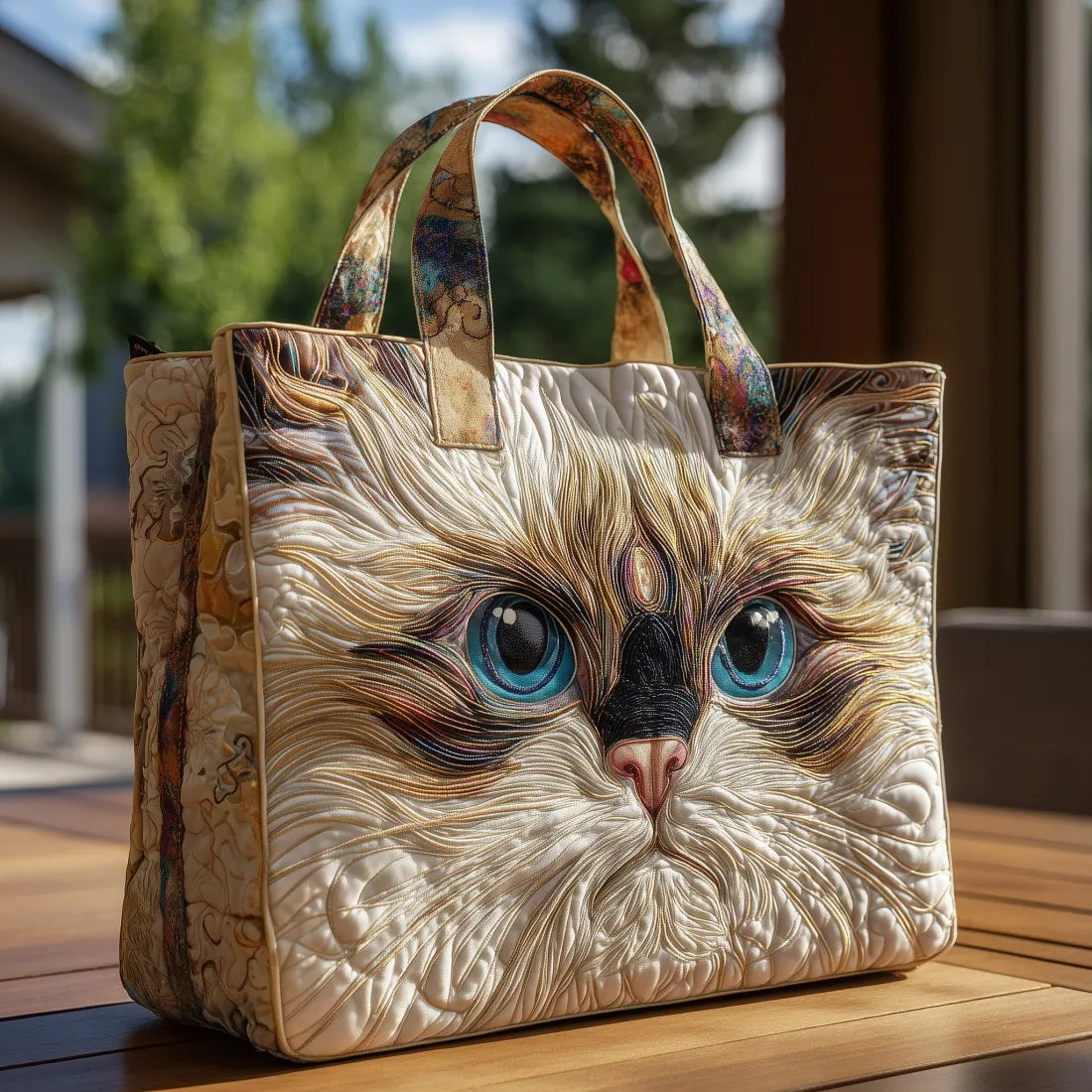 White Cat with Blue Eyes Handmade Quilted Tote Bag