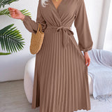 Jenna - Elegant long sleeve pleated tie waist maxi dress