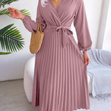 Jenna - Elegant long sleeve pleated tie waist maxi dress