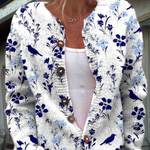 Vynora — Vintage Floral Bird Print Button-Front Cardigan Sweater