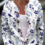 Vynora — Vintage Floral Bird Print Button-Front Cardigan Sweater