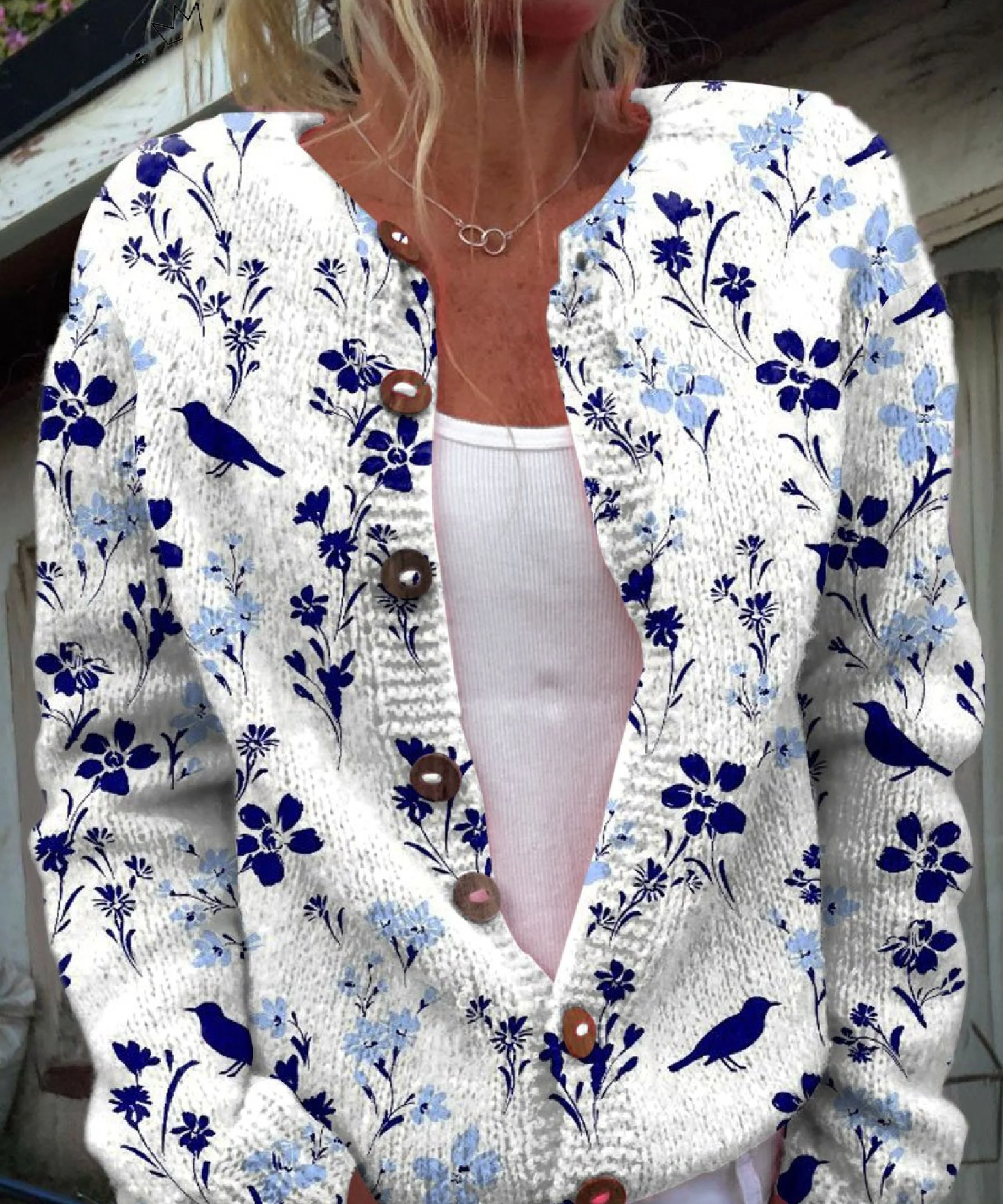 Vynora — Vintage Floral Bird Print Button-Front Cardigan Sweater