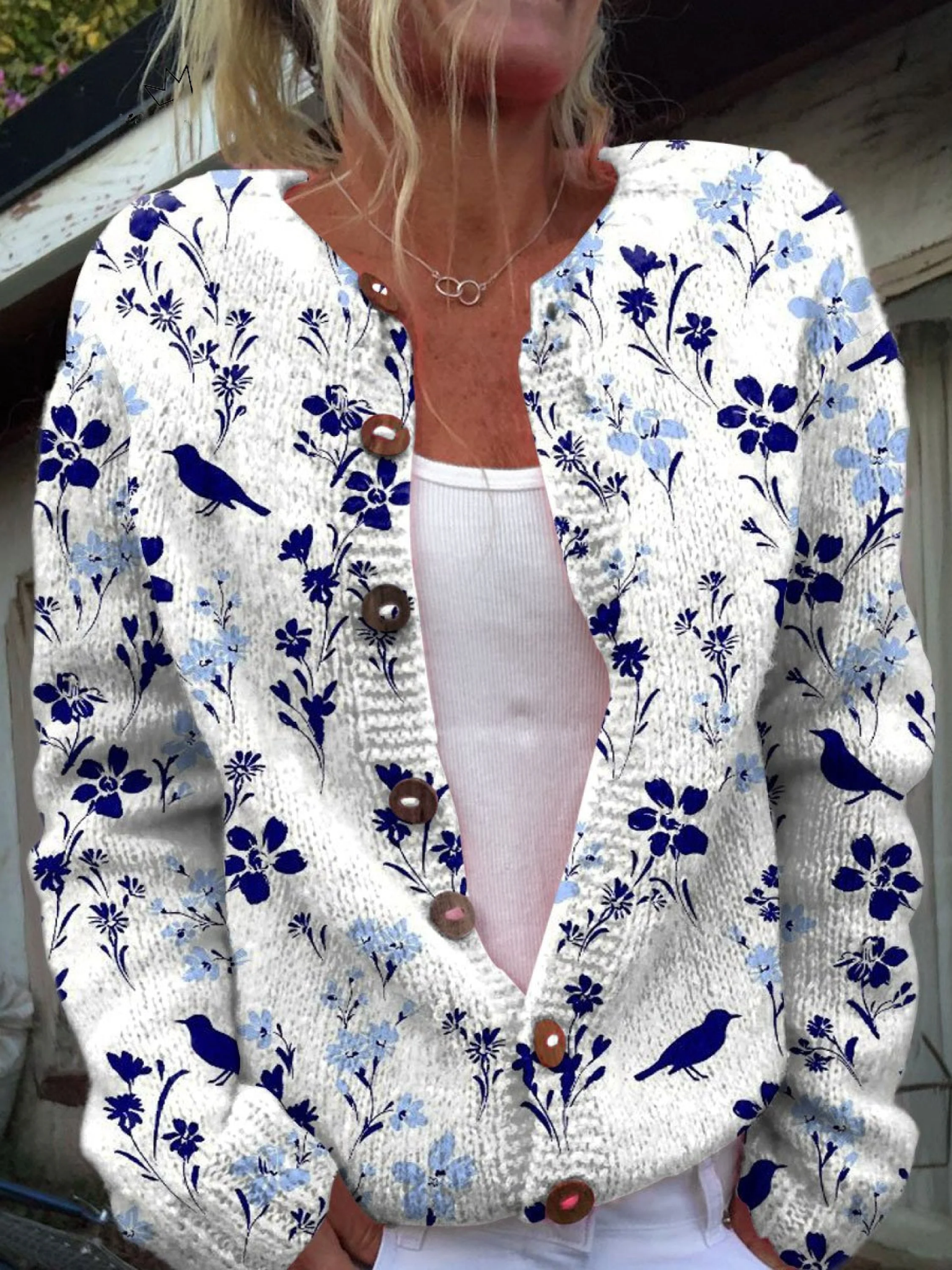 Vynora — Vintage Floral Bird Print Button-Front Cardigan Sweater