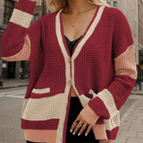 Elvina - Stylish waffle knitted contrast long sleeve cardigan