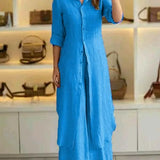 Sunniva - Casual linen buttoned maxi dress and wide-leg trousers set