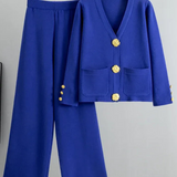 Rika - Elegant Knitted V-Neck Cardigan and Trousers Set
