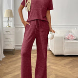 Helene - Elegant ribbed knit co-ord set with short-sleeve top and trousers