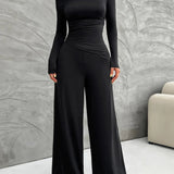 Mireya - Elegant long-sleeve fitted top and wide-leg trousers set