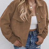 Yessica - Cozy corduroy button-up dropped shoulder long sleeve jacket