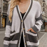Elvina - Stylish waffle knitted contrast long sleeve cardigan