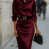 Verosha - Elegant satin long-sleeve midi dress
