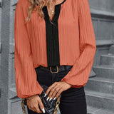 Jisella - Elegant V-neck colorblock pleated long sleeve bouse
