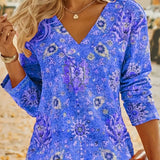 Rosaly - Stylish v-neck bohemian print long-sleeved blouse
