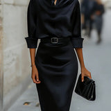 Verosha - Elegant satin long-sleeve midi dress