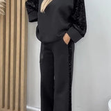 Zianna - Stylish sequined loose sweater and wide-leg pants set
