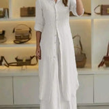 Sunniva - Casual linen buttoned maxi dress and wide-leg trousers set
