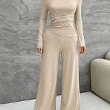 Mireya - Elegant long-sleeve fitted top and wide-leg trousers set