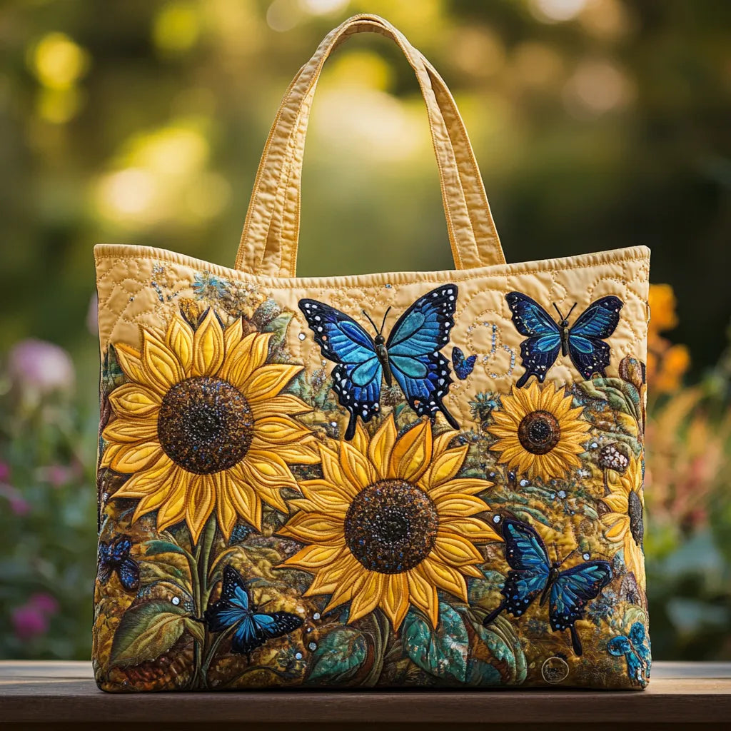 Sunflower and Blue Butterfly Handmade Quilted Tote Bag