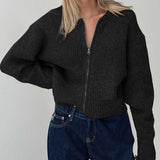 Cathryn - Casual ribbed knitted zip-up long sleeve cardigan
