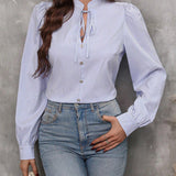 Audrey - Stylish V-neck striped button-down long sleeve blouse