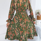 Lyndsey - Elegant stylish floral long sleeve A-line midi dress