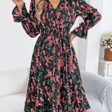 Lyndsey - Elegant stylish floral long sleeve A-line midi dress