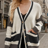 Elvina - Stylish waffle knitted contrast long sleeve cardigan