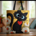 Black Cat with Heart and Daisies Handmade Quilted Tote Bag