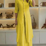 Sunniva - Casual linen buttoned maxi dress and wide-leg trousers set