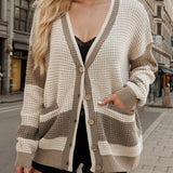 Elvina - Stylish waffle knitted contrast long sleeve cardigan