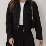 Xyrille - Elegant cropped zip-up pocketed jacket