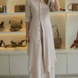 Sunniva - Casual linen buttoned maxi dress and wide-leg trousers set