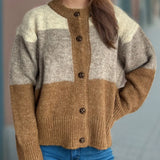 Ysabella - Casual color block warm round neck button-up cardigan