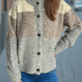 Ysabella - Casual color block warm round neck button-up cardigan