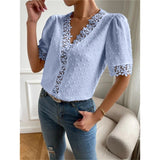 Azalea - Elegant V-neck lace trim short sleeve blouse