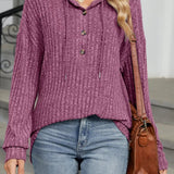 Jenise - Casual ribbed knit button detail hooded sweatshirt