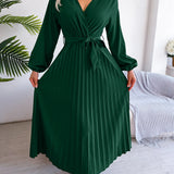 Jenna - Elegant long sleeve pleated tie waist maxi dress